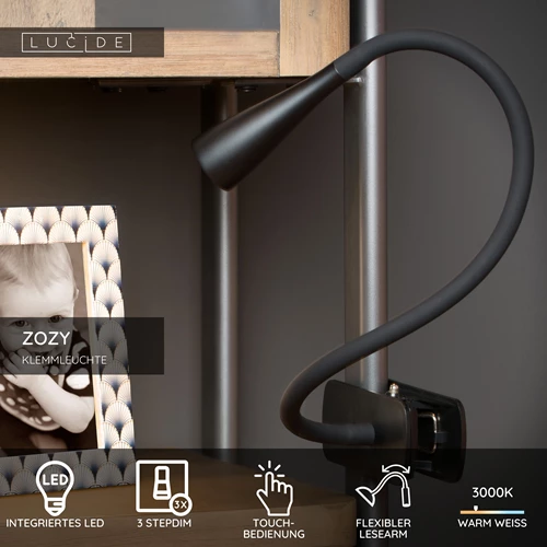 Lucide ZOZY - Klemmleuchte - LED 3 StepDim - 1x4W 3000K - Schwarz - USP